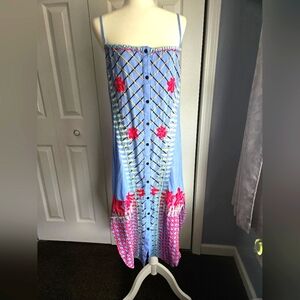 Anthropologie Red Carter Blue Linen Palisades Embroidered Flower Strappy Dress S
